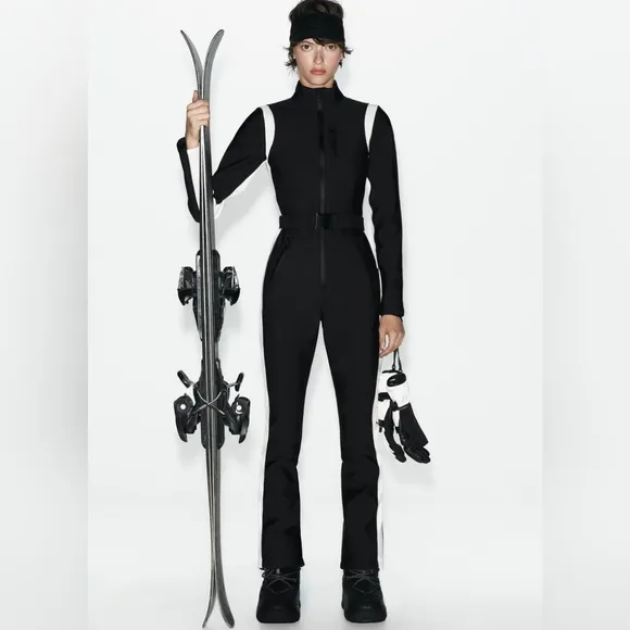 Zara RECCO Water Resistant &amp; Wind Protection Ski Jumpsuit Black &amp; White Size S