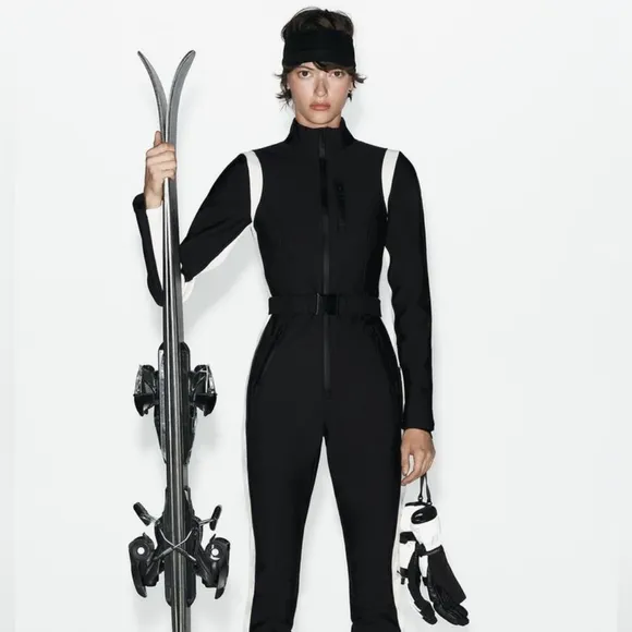 Zara RECCO Water Resistant &amp; Wind Protection Ski Jumpsuit Black &amp; White Size S