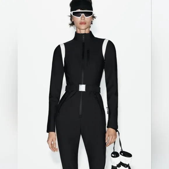 Zara RECCO Water Resistant &amp; Wind Protection Ski Jumpsuit Black &amp; White Size S