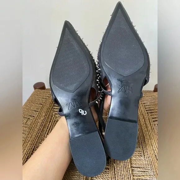Zara Shoes Women’s 39 Studded Flats Pointed Toe Sling Back Black