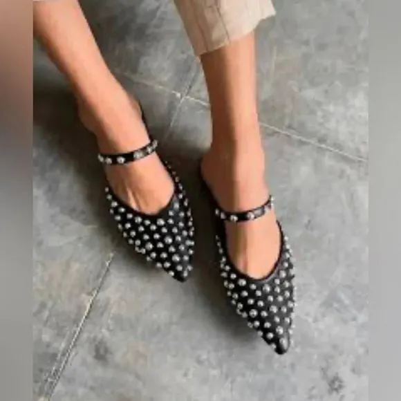 Zara Shoes Women’s 39 Studded Flats Pointed Toe Sling Back Black
